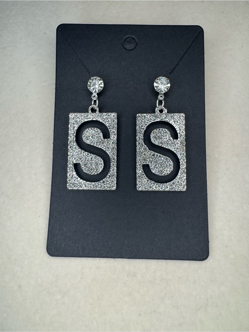New Silver Tone Sparkle 'S' Drop Square Earrings